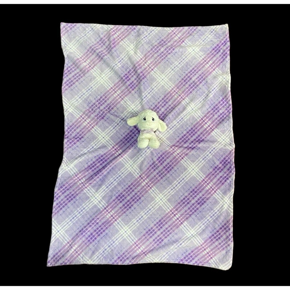 Homemade Baby Blanket Lovey w/ Precious Moments Lamb Plush ~ Purple Plaid 48x34"